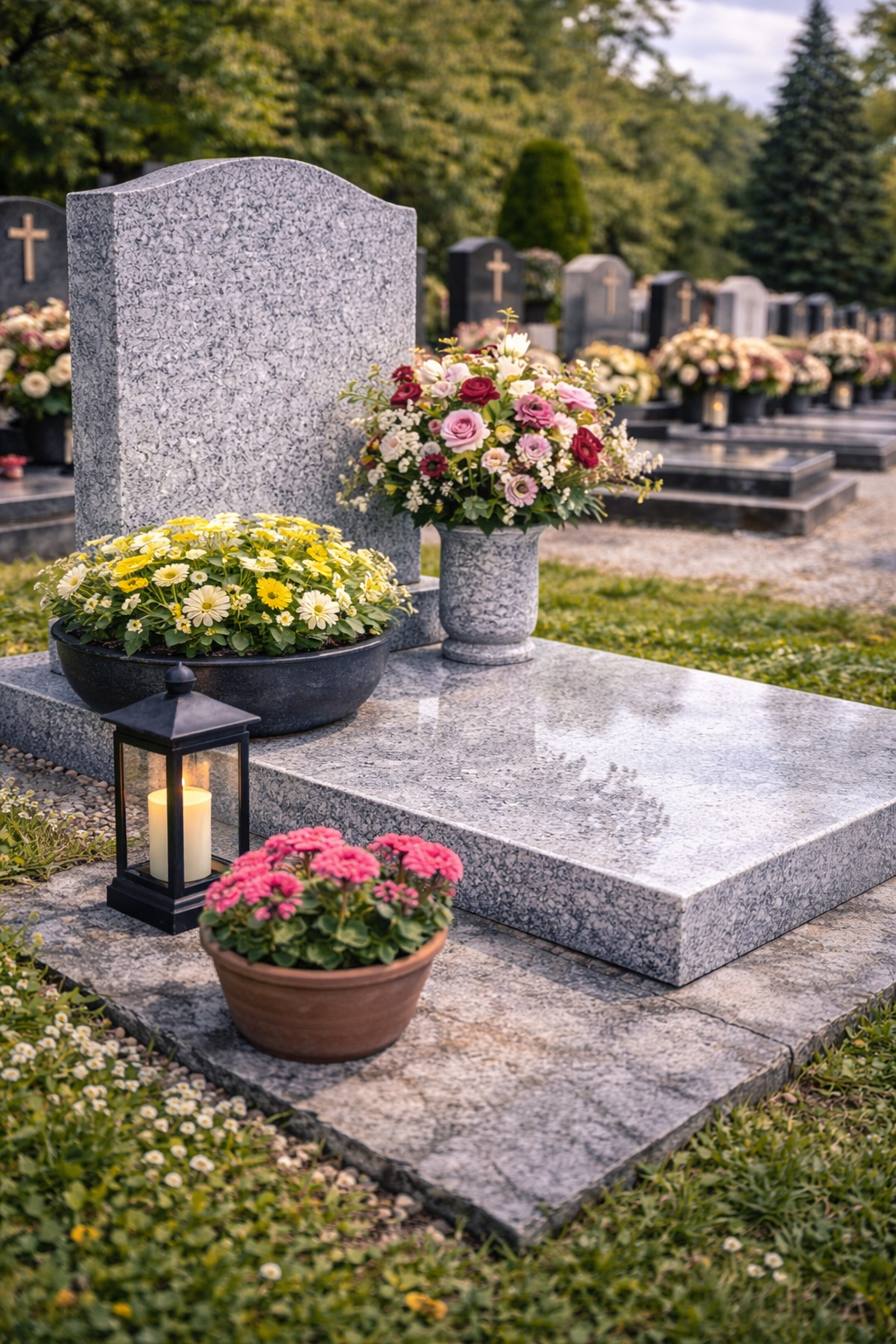 Allée de cimetière avec tombes fleuries